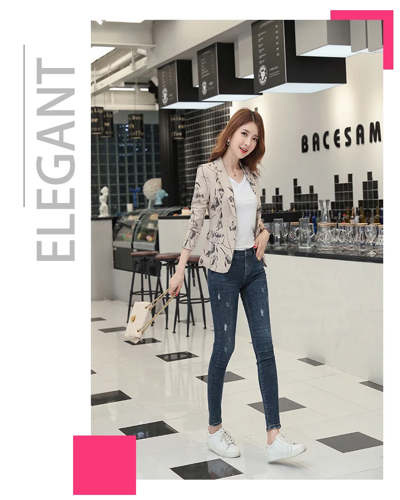 Fashion printing small jacket autumn Korean version of the British wind casual short suit waist slim slimming women's Blazers