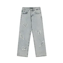 Pantalones vaqueros holgados para hombre, pantalón estilo coreano, con bordado de parche, estilo Retro desgastado, estilo Kpop, 2021