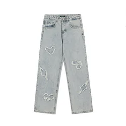 Pantalones vaqueros holgados para hombre, pantalón estilo coreano, con bordado de parche, estilo Retro desgastado, estilo Kpop, 2021