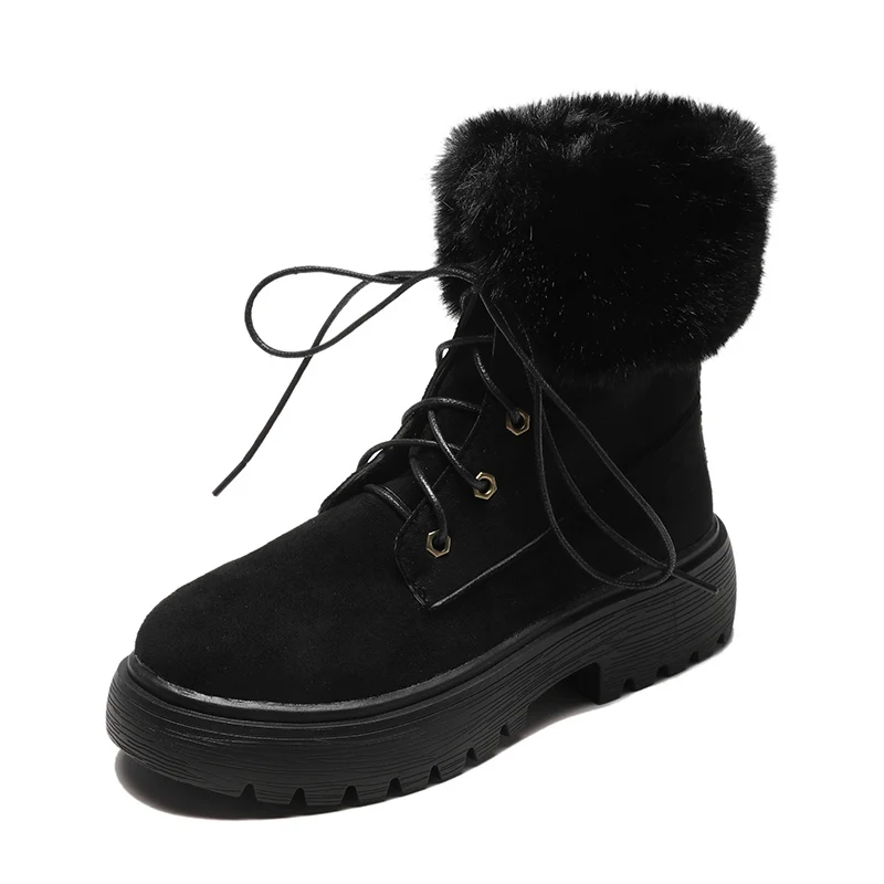 Г. Новые женские зимние ботинки в стиле ретро женские зимние ботинки удобные замшевые ботинки на платформе с теплым мехом и плюшем на шнуровке резиновая нескользящая подошва - Цвет: Black