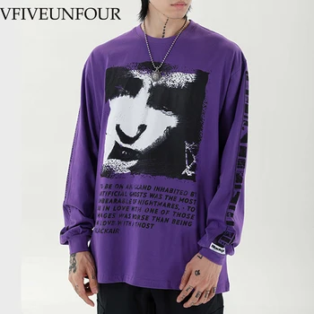 

VFIVE UNFOUR Vintage Creative personage Graphic Print Long Sleeve Tees Shirts Hip Hop Loose Tshirts Oversized Punk Rock Tshirts