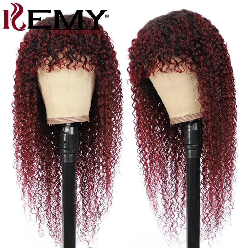 

Brazilian Human Hair Wigs With Bangs Kinky Curly Bangs Wigs For Black Women 1B 99J Ombre Red Color Remy Full Machine Wig 150%