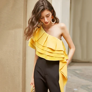 

Elegant Asymmetrical Women Shirt Skew Collar Sleeveless Patchwork Ruffles Irregular Hem Blouses For Female Fashion