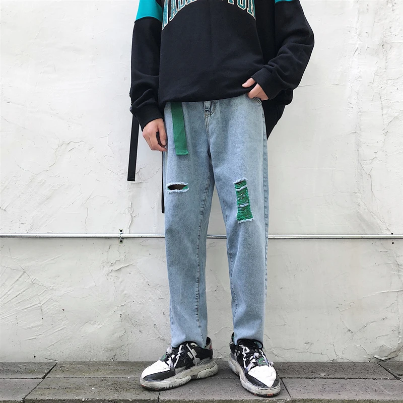 

Ripped Jeans Men's Fashion Retro Casual Hole Jeans Pants Men Streetwear Wild Loose Hip Hop Straight Denim Trousers Mens S-2XL