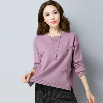 

Short Money Pullover Sweater Female Round Neck 2019 Knitting Shirt Loose Sweater Irregular Split Backing Shirt