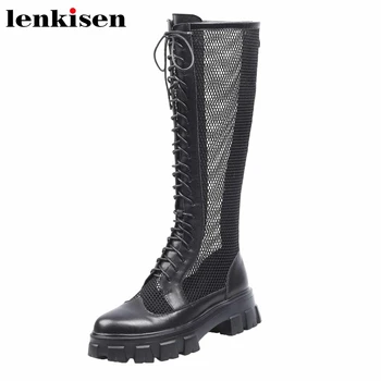 

Lenkisen western style cow leather round toe high heel lace up sunscreen breathable sexy high fashion knee-high summer boots L30
