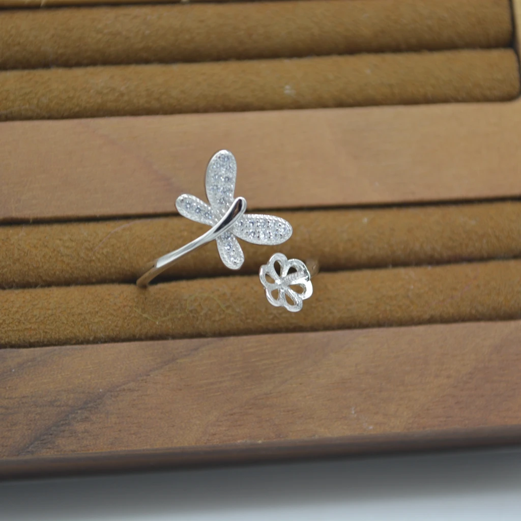S925 Sterling Silver DIY accessories ring mountings female style micro inlaid butterfly pearl opening ring fittings wholesale