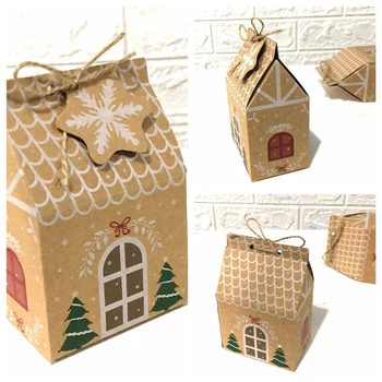 

50PCS Kraft Paper House Shape With Ropes Candy Gift Bags Cookie Bags Packaging Boxes Christmas Tree Pendant Party Decor