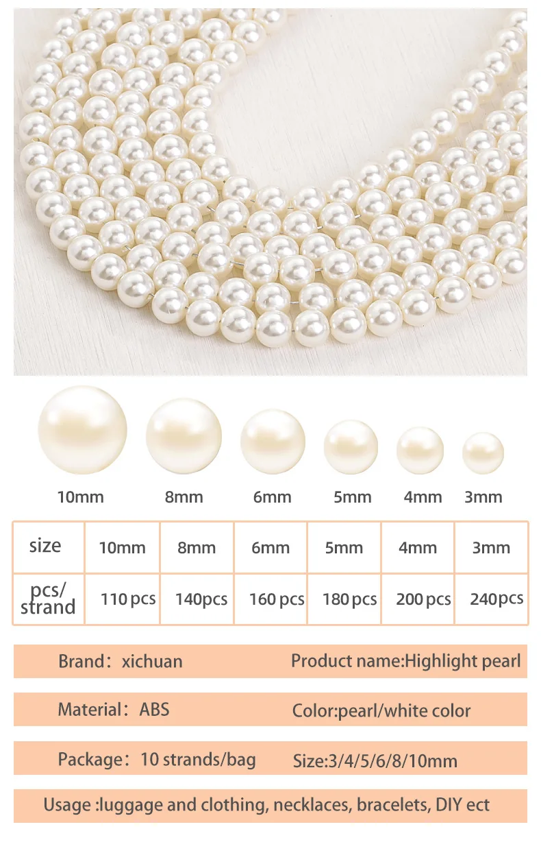 XiChuan 3/4/5/6/8/10mm Pearl High Quality ABS Beads Necklace Earring Pearl Diy Jewelry Accessories Loose Pearl for Needlework