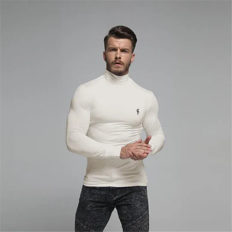 Компрессионные рубашки с высоким воротником, мужская спортивная футболка для бодибилдинга, топ с длинными рукавами, футболка для спортзала, Мужская Фитнес-плотно - Цвет: White