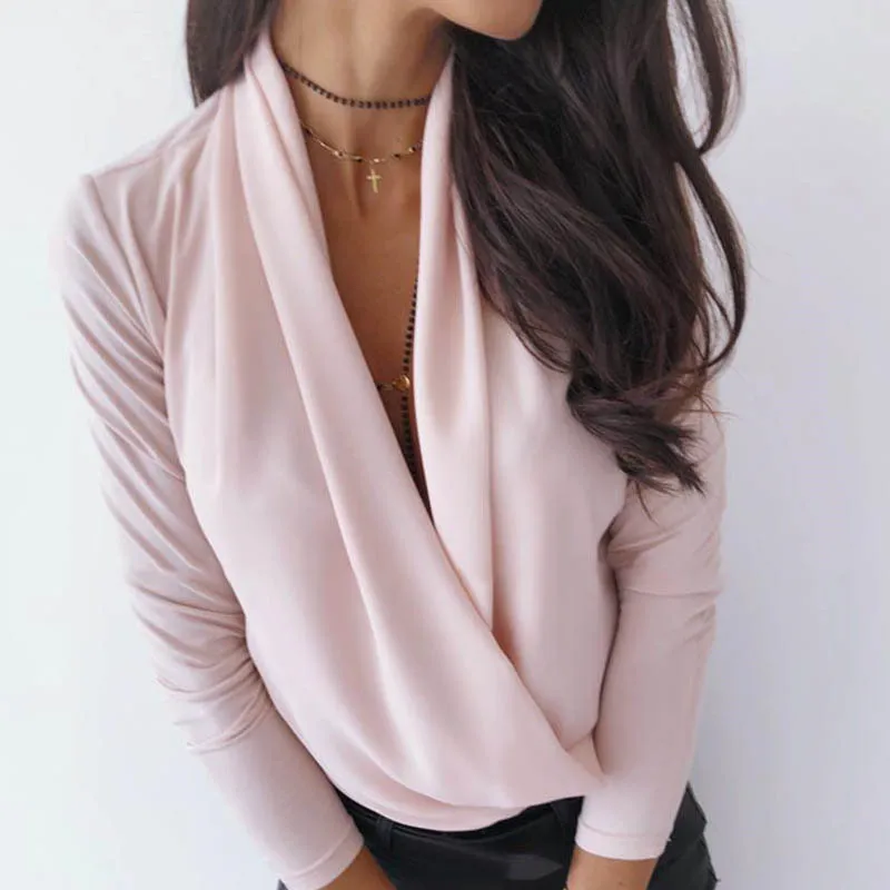 Осенняя блузка с буквенным принтом и рюшами, рубашки, женские повседневные сексуальные пуловеры с v-образным вырезом и длинным рукавом, элегантные тонкие базовые рубашки, Прямая поставка - Цвет: Pink