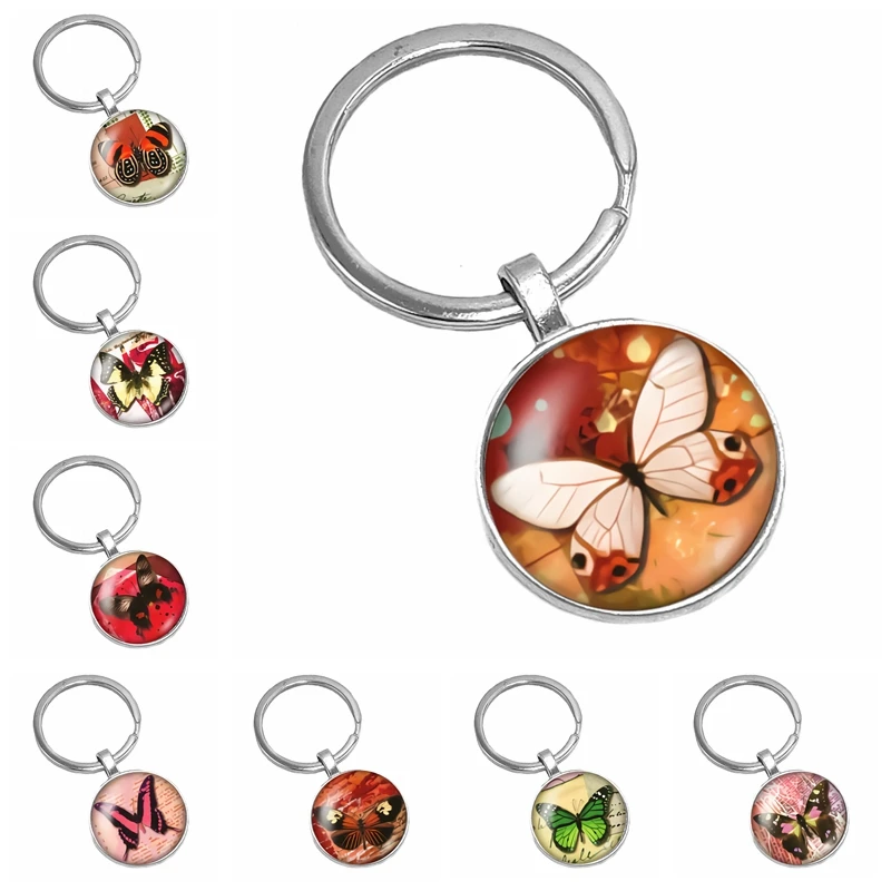 

2019 New Hot Super Beautiful Colorful Butterfly Pattern Series Glass Convex Round Keychain Popular Jewelry Gift
