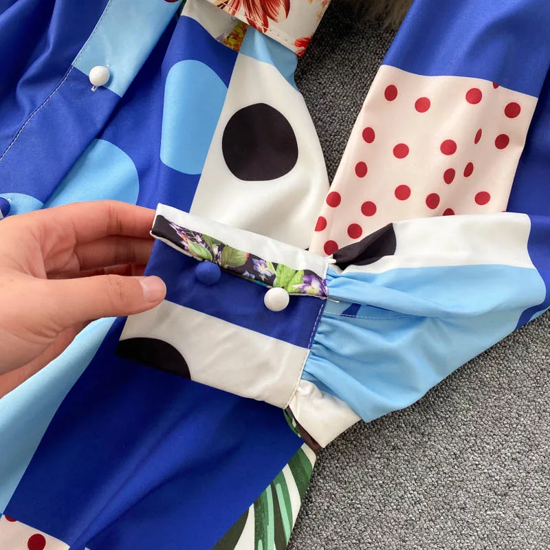 2021 vintage fashion printing hubble-bubble sleeve lapel accept waist with a single-breasted shows female dress
