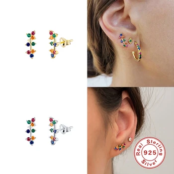 

Real 925 Sterling Silver Personalized Crystal Cartilage Stud Earrings For Woman Girls Unisex Rainbow Zircon Piercing Pendientes