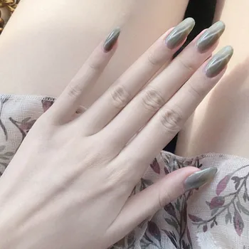 

24pcs Green Cat’s Eye fake press on long nails Full Finished Artificial Art Decoration Beauty Pointed Forms for nail extension