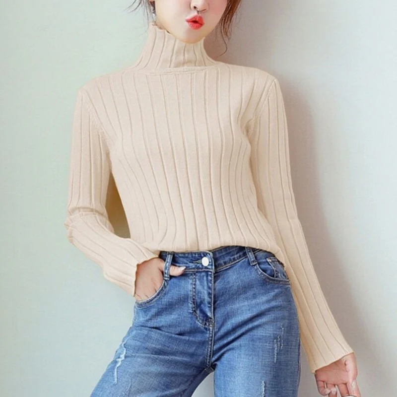 

2019 Turtleneck Women Knitted Sweater Spring Autumn Solid Slim Warm Pullover Female Long Sleeve Cotton Sweaters