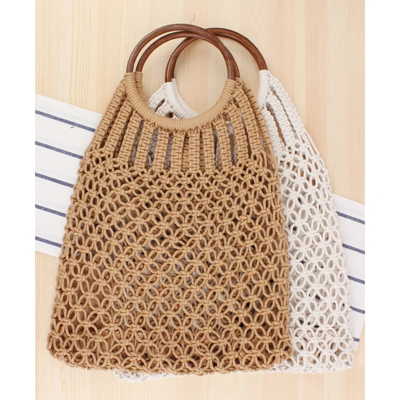 

Bohemian cotton straw bag solid color rattan handle woven bag handmade cotton rope net bag vacation beach bag