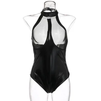 

Women New Bodysuits Ladies Patent Leather Conjoined Mesh Gauze Hollow Solid Color Conjoined Taste Sleepwear