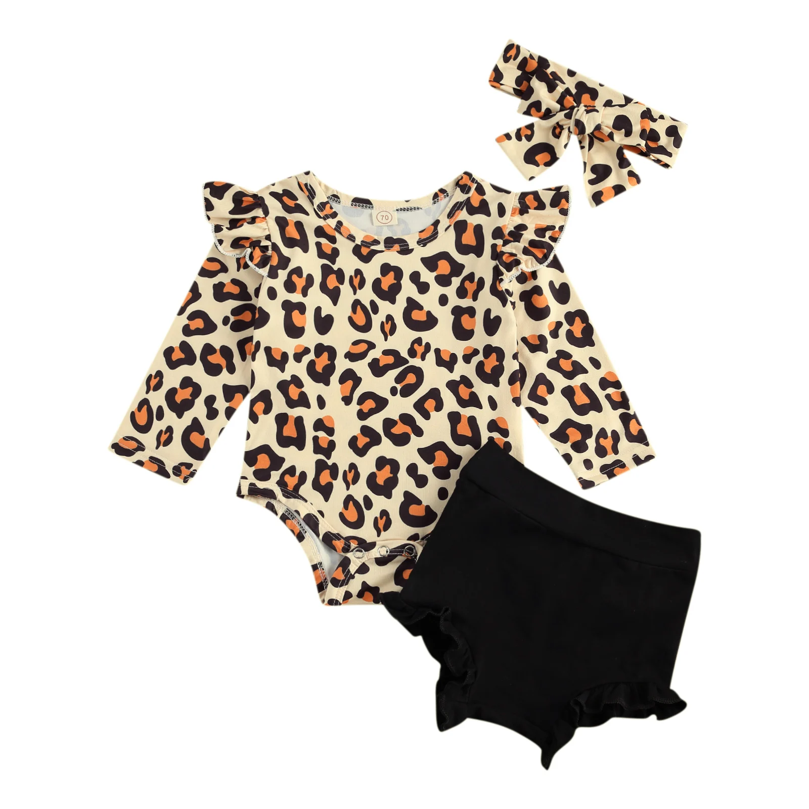 

2020 New Fall Autumn 0-18M Toddler Baby Girl 3Pcs Set Leopard Print Long Sleeve Ruffled Bodysuit+Flared Black Shorts+Headband