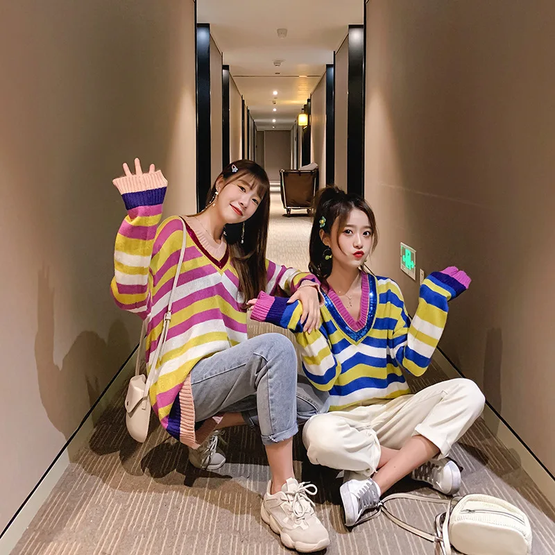 

Autumn Rainbow Color Striped Knitted Sweater Women 2019 Spring V-neck Loose Sweet Beauty Pullover Woman Sweater