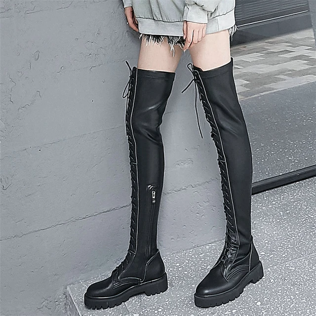 Autumn Women Shoes Casual Canvas High Top Shoes Long Boots Lace-Up Zipper  Comfort Flat Shoes White Sneakers Women Knee-High Boot