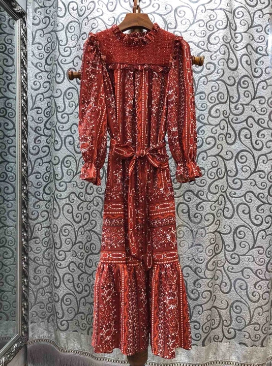 Ранняя осень женский круглый воротник вышитый лист лотоса маятник платье 821