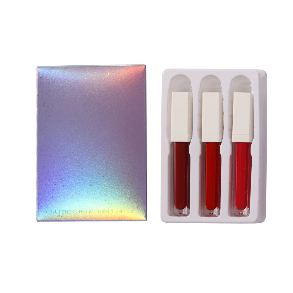 3pcs Holographic Packaging Non-stick Liquid Lipstick Private Label Custom Gift Matte Long Lasting Lip Glaze Kit