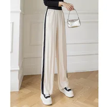 

2021 casual women's wide-leg pants, new autumn models, loose, thin, high waist, drape stripes, leisure ice silk holiday pants