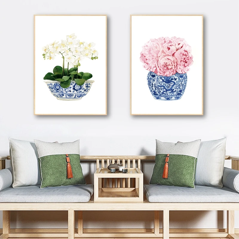

Blue and White Chinese Vase Canvas Prints White Orchid & Pink Peony Water color Chinoiserie Decor Oriental Porcelain Art Paintin