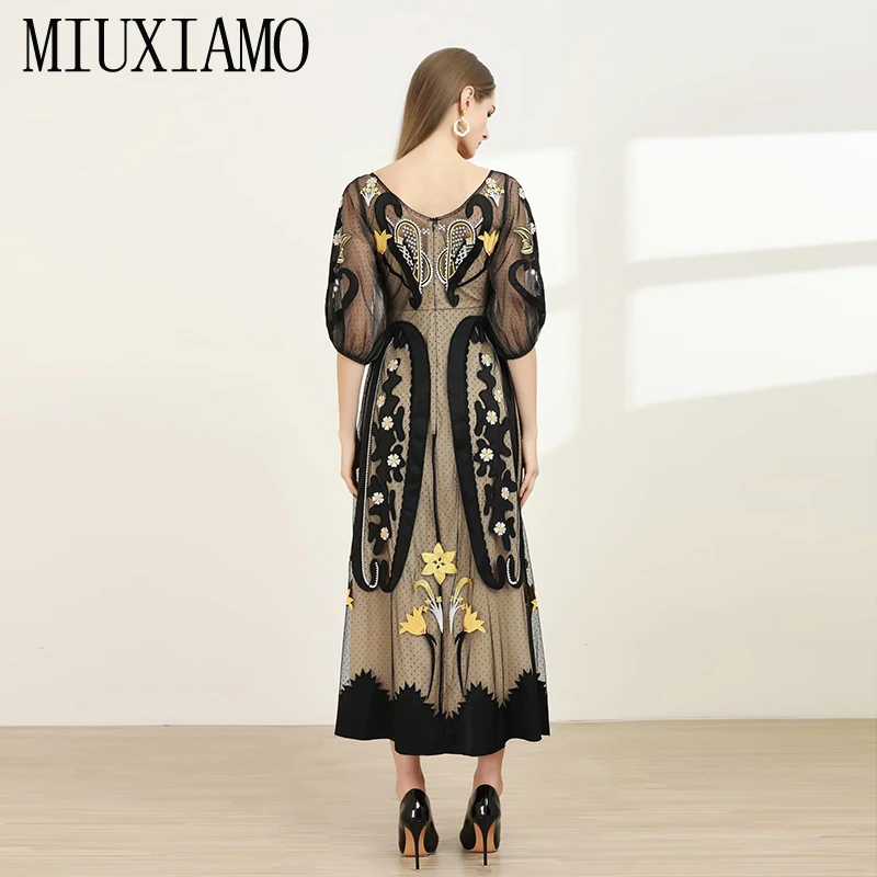MIUXIMAO, высокое качество,, весеннее платье, роскошная Цветочная вышивка, марля, половина рукава, элегантное, черное, длинное платье для женщин, vestidos