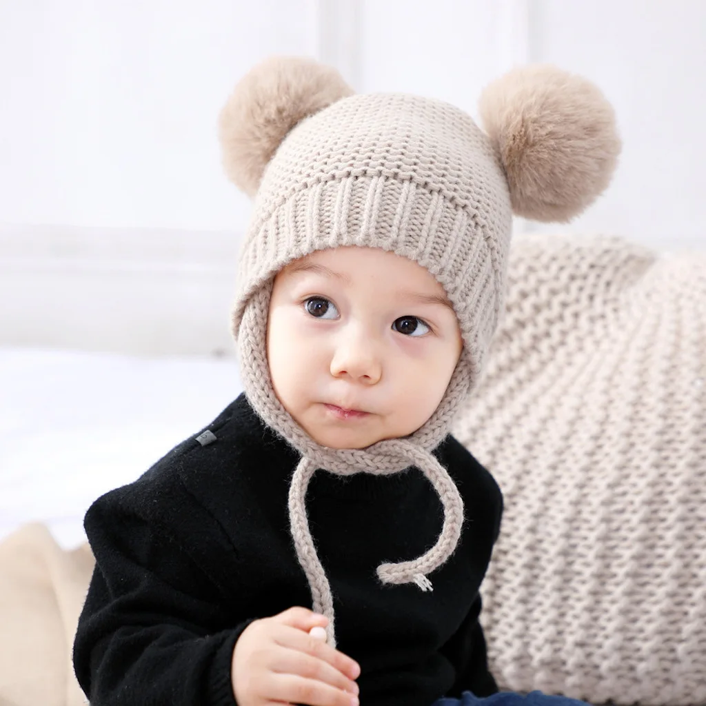 Cute Pom Poms Baby Knitted Hat Children's Warm Ear Cap With Tether Kids