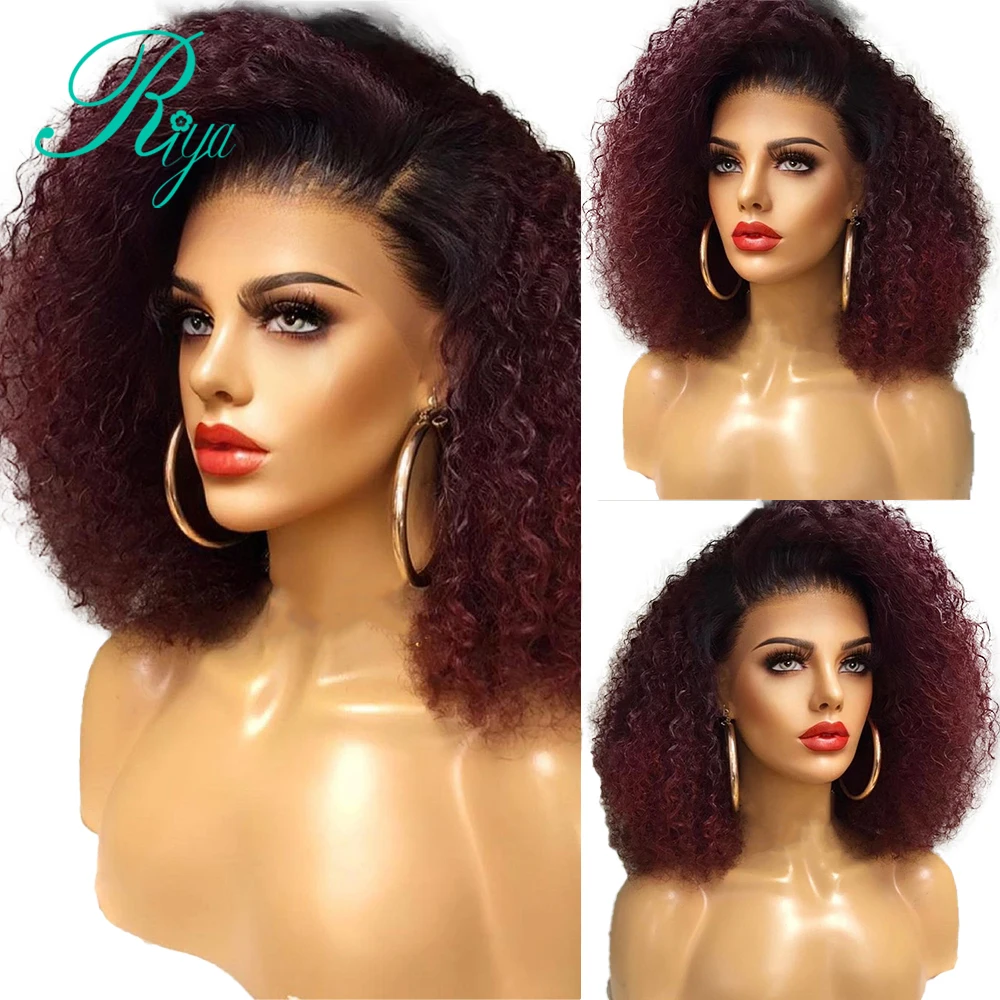 Jerry Curly Invisible Short Bob Pixie 4X4 Lace Front Human Hair Closure Wigs For Black Women 99J Red Burgundy Ombre Color Wig