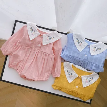 

2020 Autumn Newborn Baby Long Sleeve Emboridery Floral Lapel Collar Infant Girls Bodysuits Kids Casual Jumpsuits Toddler Outfits