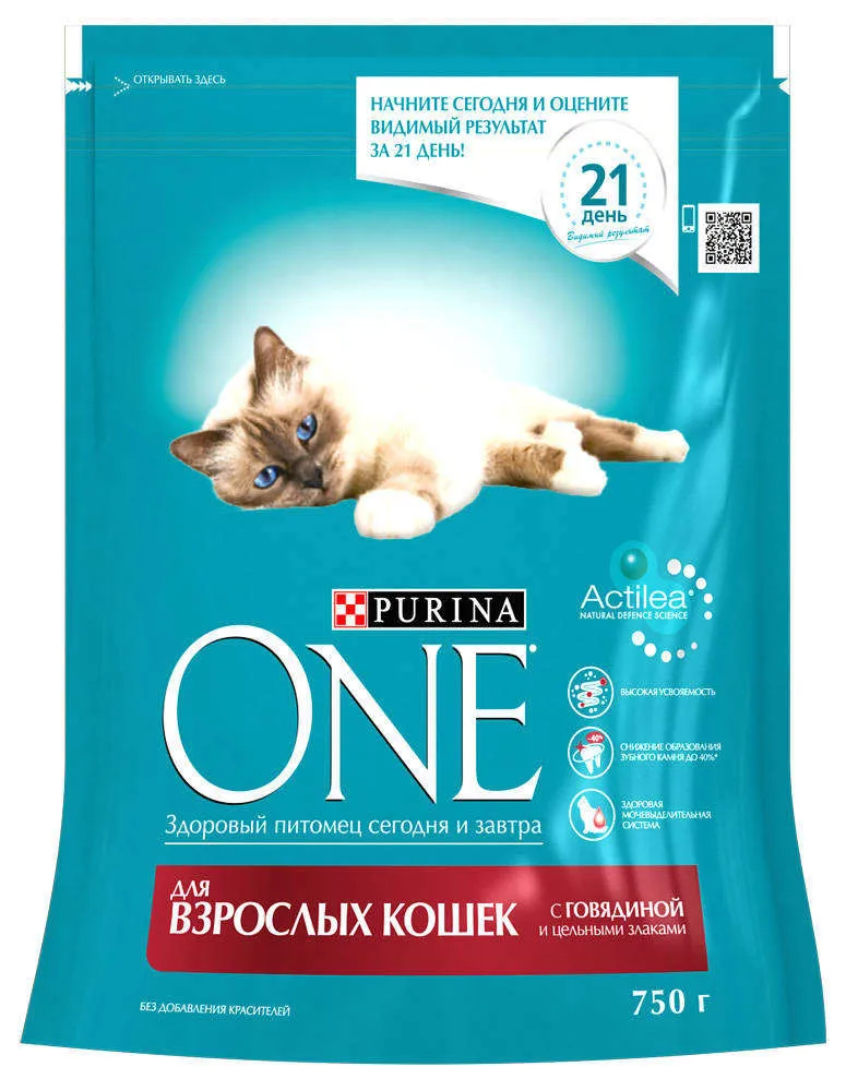 Корм сухой для взрослых кошек Purina ONE, с говядиной и пшеницей, 750 г