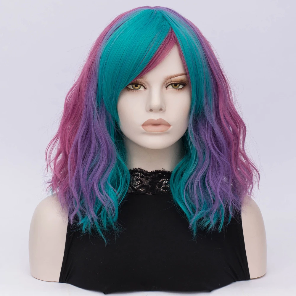 Similler для женщин косплей аниме парики синтетические волосы 3 тона Розовый Синий Зеленый Фиолетовый Смешанные цвета Короткие Ombre вьющиеся парик Радуга