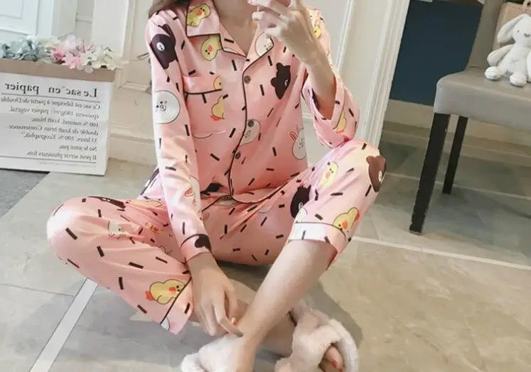 StyleI H5691 в Корейском стиле Для женщин пижамы на весну и осень с длинными рукавами, одежда для сна, женские свободные с отложным воротником, одежда для сна, пижамы для девочек Милая Домашняя одежда костюм - Цвет: StyleI