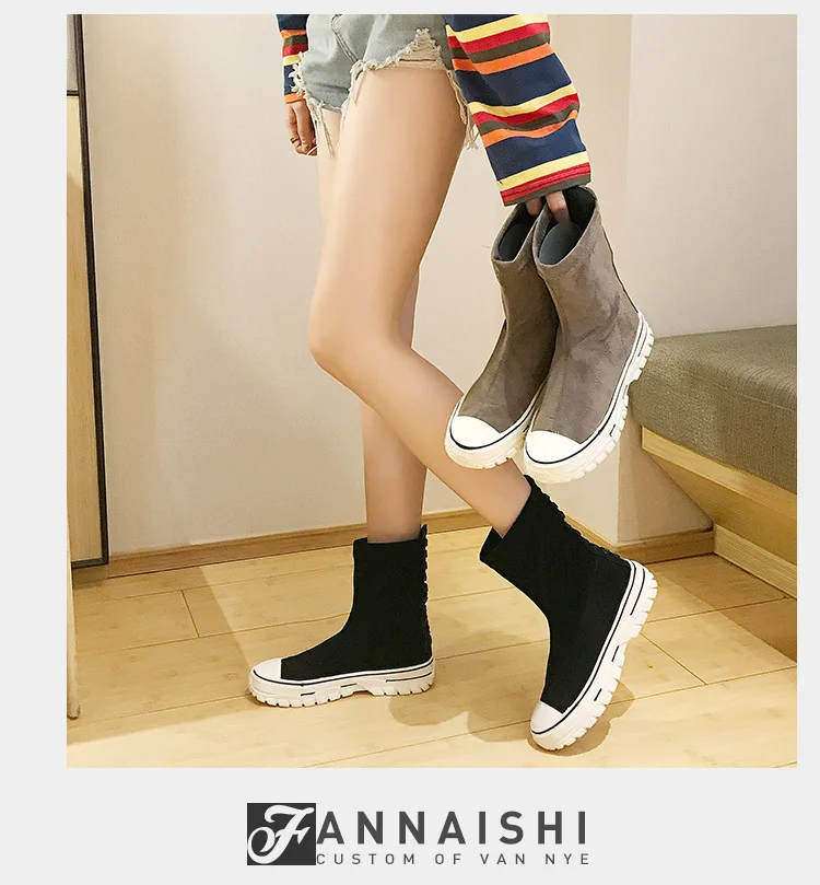 Женские эластичные ботинки на платформе; Zapatos de mujer; повседневные ботинки из флока средней высоты; модные однотонные полусапожки из флока без застежки