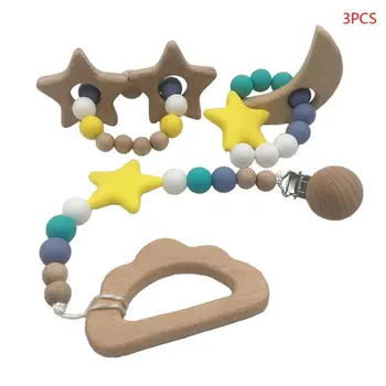 

3 Pcs/set Baby Nipple Clip Silicone Wooden Bracelet Newborn Teether Pacifier Chain Chew Molar Toy N1HB