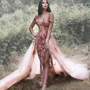 

Eightree Lace Mermaid Prom Dresses Detachable Train Beaded Off Shoulder Applique Party Dress Plus Size Side Split Evening Gown