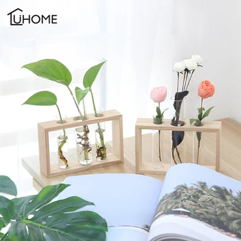 

Creative Terrarium Hydroponic Plant Vases Vintage Flower Pot Transparent Vase Wooden Frame Glass Tabletop Plants Home Decor