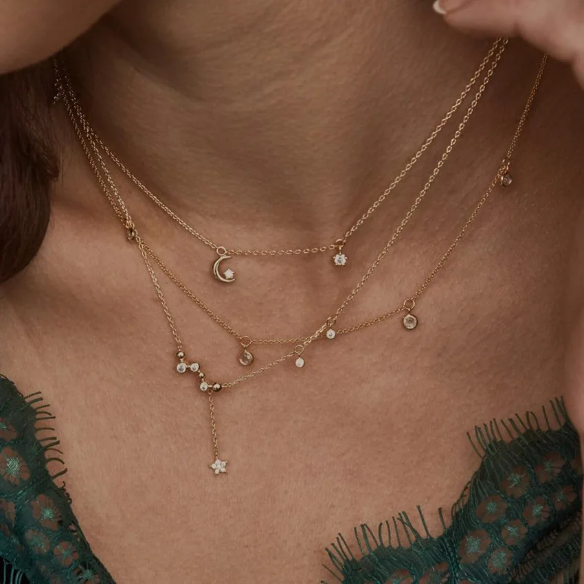 

Fashion Vintage Moon Star Sun Multi Layer Pendants Summer Girl Adult Woman Clavicular Chain Short Necklace Jewelry Holiday-YS