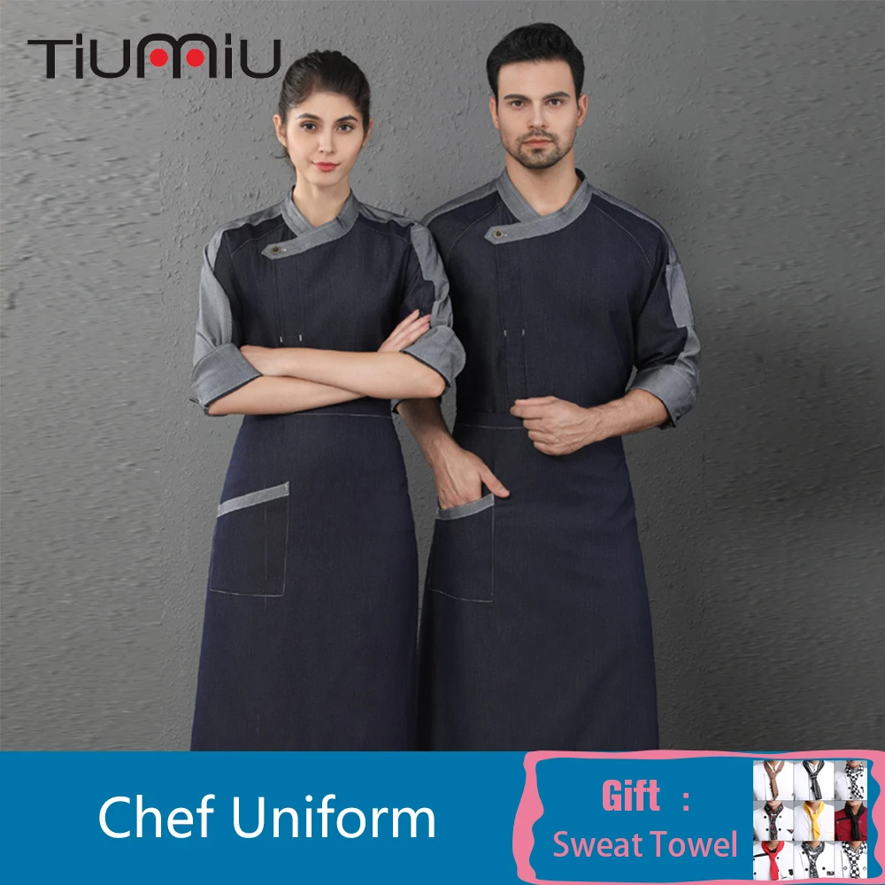 

Denim Long Sleeve Chef Uniform Unisex High Quality Oblique Collar Overalls Coat Restaurant Cafe Barber Shop Bakery Waiter Shirt