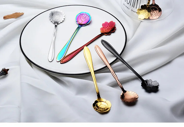 304 Stainless Steel Flower Spoon Sub-Cherry Blossom Rose Sunflower Colorful Titanium Plated Gold Purple Tableware Dessert Spoon