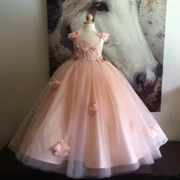 

Newest Pink Flower Girls Dresses For Weddings Spaghetti Neck Beads Hand Made Flower Little Girl Pageant Gowns Floor Length