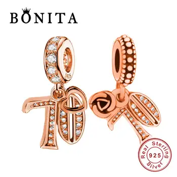 

Fit Original Charms Bracelet 925 Sterling Silver Gold 70th Heart Rose Celebration Dangle Charm Pendant Jewelry Women Berloque