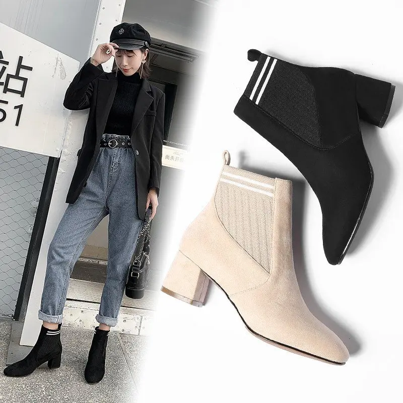 

Thin and thin boots women's 2020 spring and autumn new casual medium thick heel short boots wild elastic single boots X301