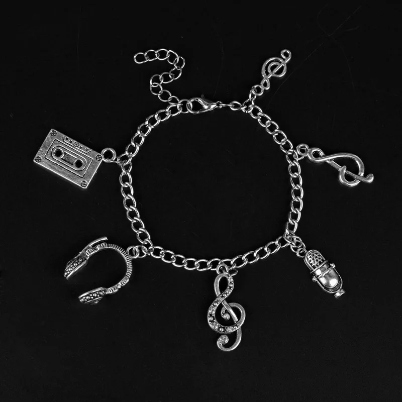 Микрофонная кристальная цепочка, ожерелье для наушников, музыкальная нота, Шарм в виде гитары, кулон, ожерелье в стиле хип-хоп, ювелирные изделия для мужчин и женщин, подарки - Metal Color: silver bracelet