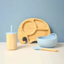 4pc conjunto de louça de silicone bpa livre bonito elefante placa de bambu de madeira aprender copos de bebida tigela de silicone suprimentos de alimentação do bebê presente