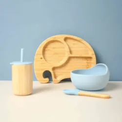Vaisselle en Silicone sans BPA, 4 pièces, assiettes en bois de bambou, éléphant mignon, tasses d'apprentissage, bol en Silicone, fournitures d'alimentation pour bébé, cadeau 