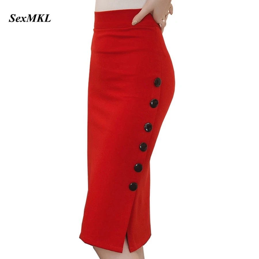 Womens  High Waisted Midi Pencil Skirt Ladies Button Split Bodycon Office Skirt 